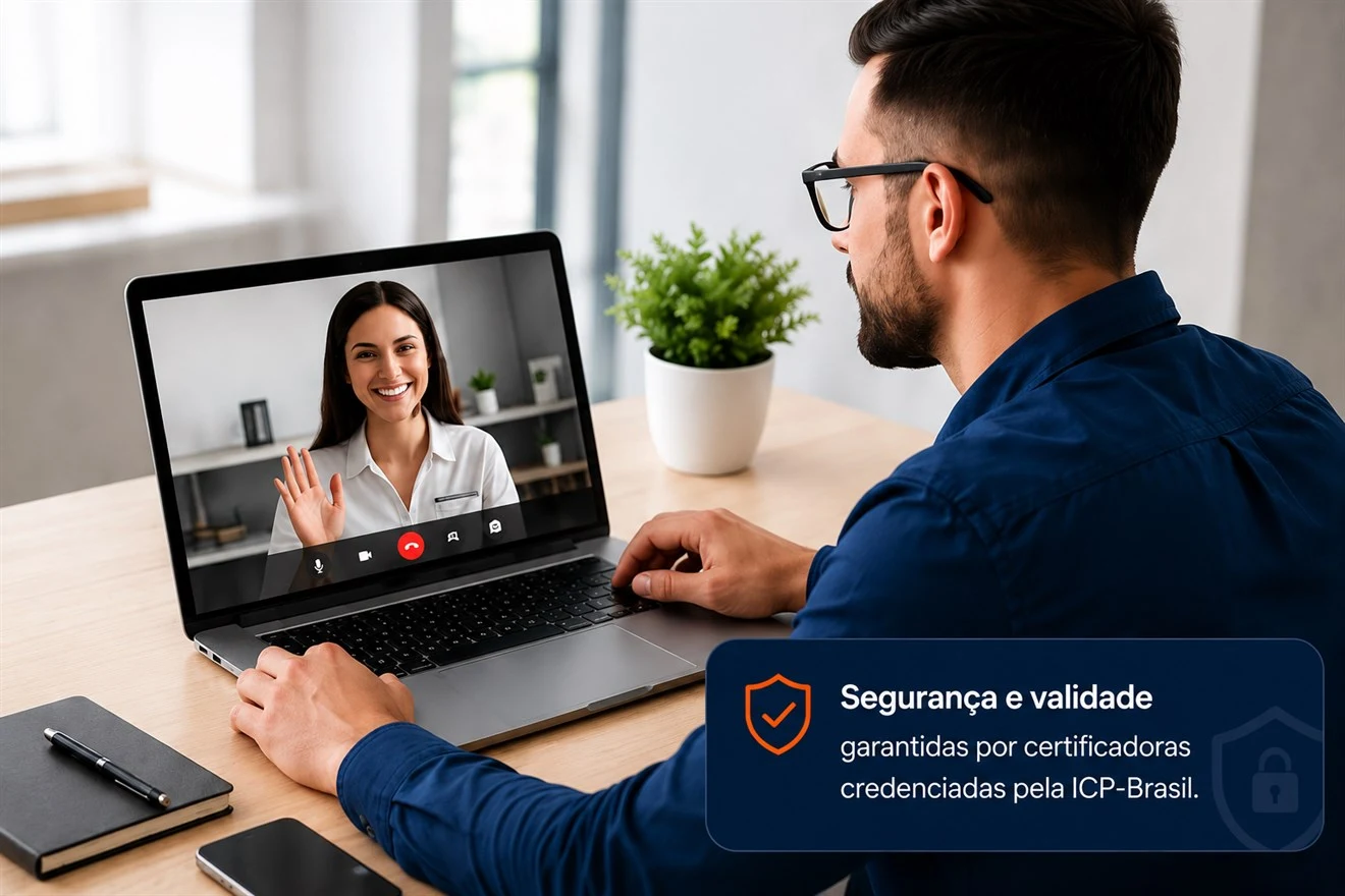 Homem de camisa azul em videochamada com uma atendente pelo notebook, fazendo a validação do certificado digital. Selo na imagem: segurança e validade garantidas por certificadoras credenciadas pela ICP-Brasil.